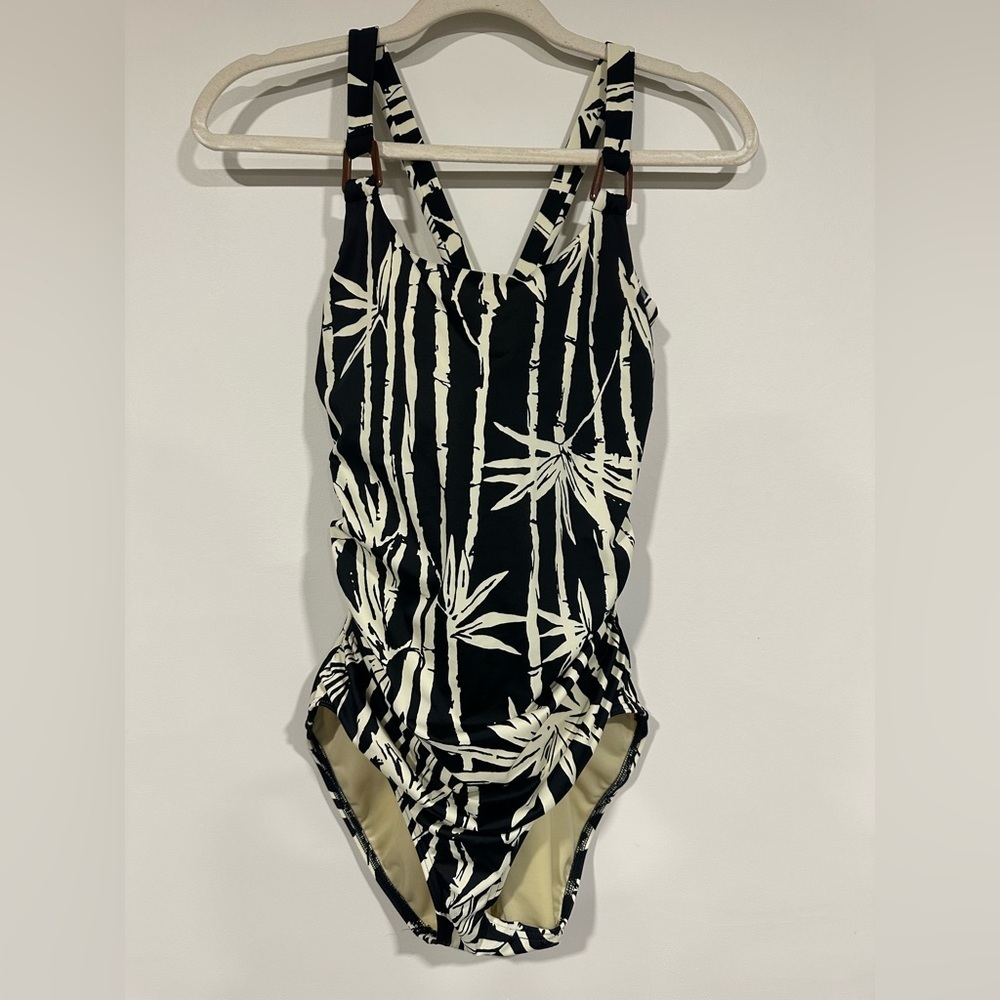 Lands End Swimsuit Women 12 Black Cream One Piece Tank Bamboo Print Underwire